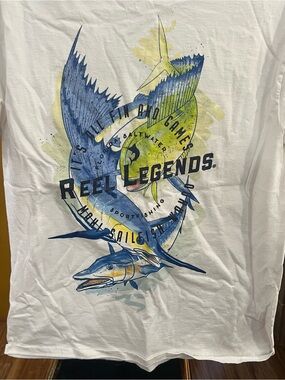 Reel Legends White T-Shirt with Blue & Yellow Fish Graphic